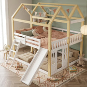 Letto a soppalco a casetta 90 x 200 cm con scivolo e scaletta reversibili, letto per bambini con area gioco, sponde, rete inclusa, bianco, robusto