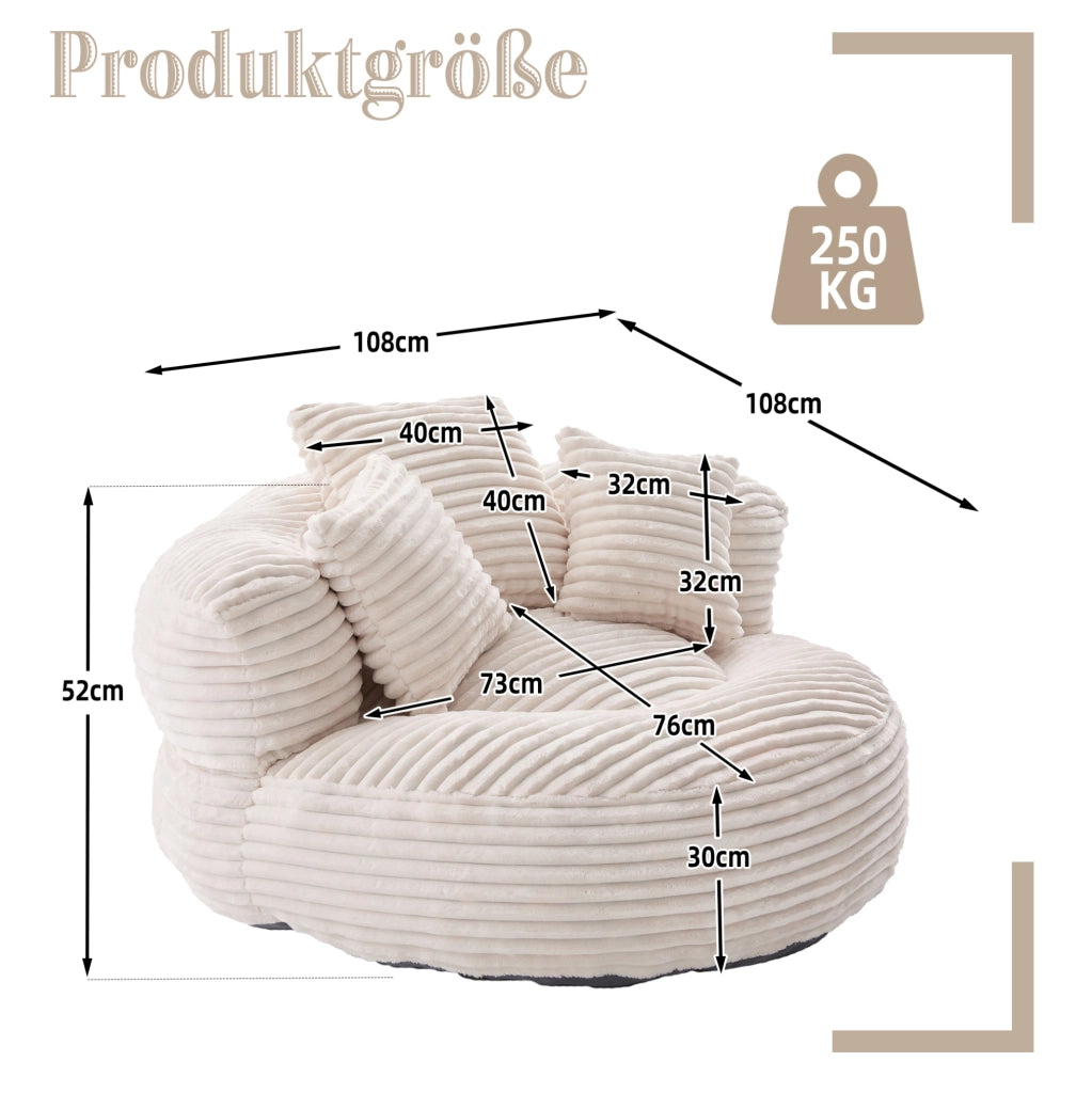 Poltrona sacco in velluto a coste con schienale alto e braccioli; beige; 108x108x52 cm