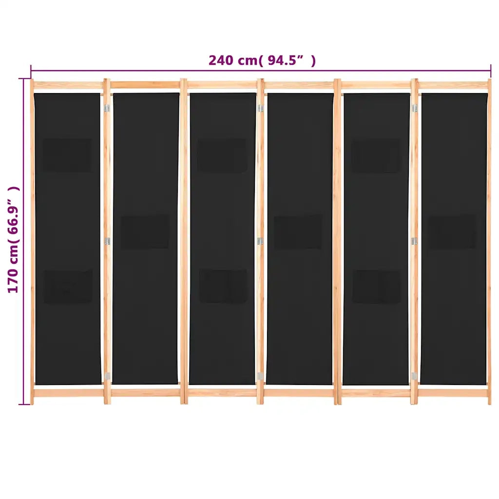 Divisorio a 6 Pannelli-Set di 6 pannelli Paravento Nero 240x170x4 cm in Tessuto