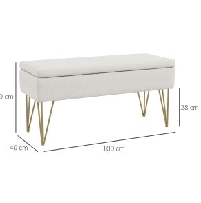 Panca contenitore imbottita in tessuto effetto lino crema con strutture in acciaio, 100 x 40 x 49 cm