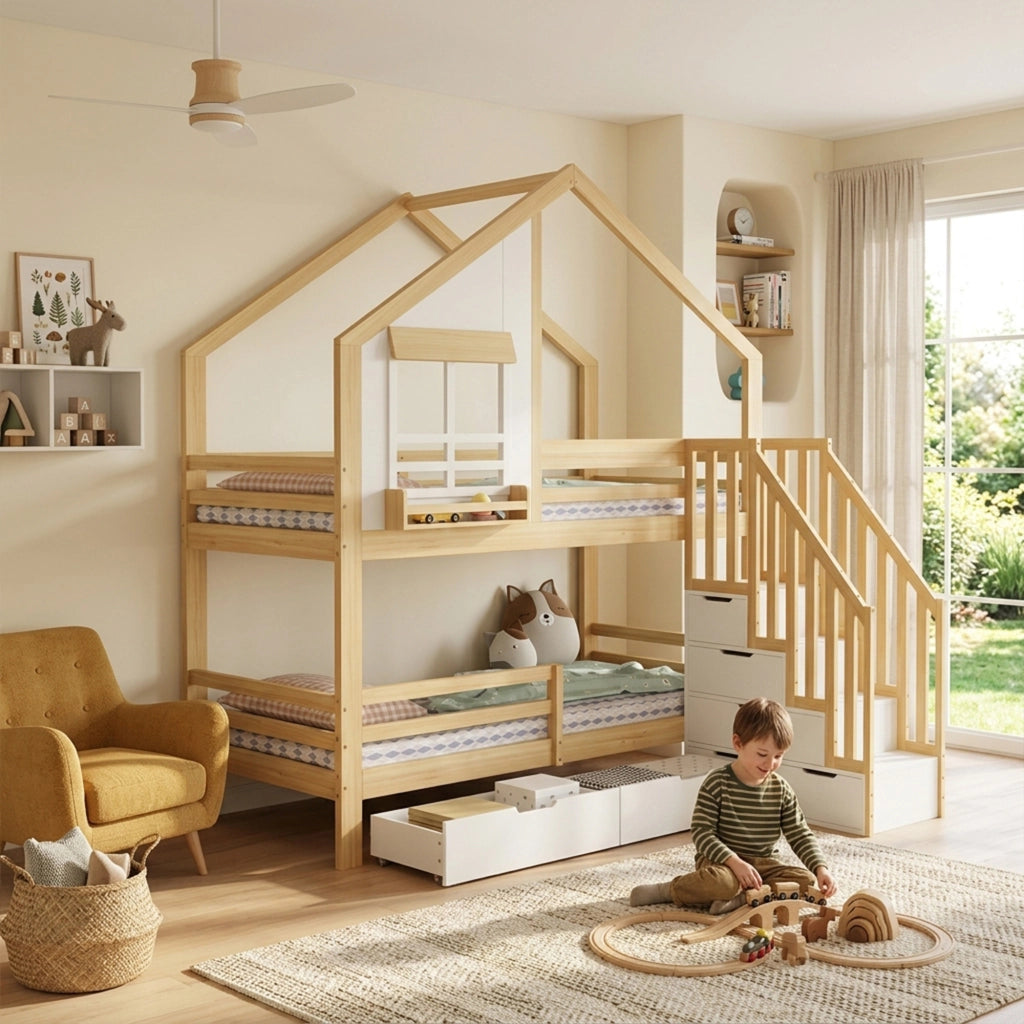 Letto a castello per bambini 90x200 cm in pino e MDF; a casetta; bianco e naturale; con scala contenitore e cassetti