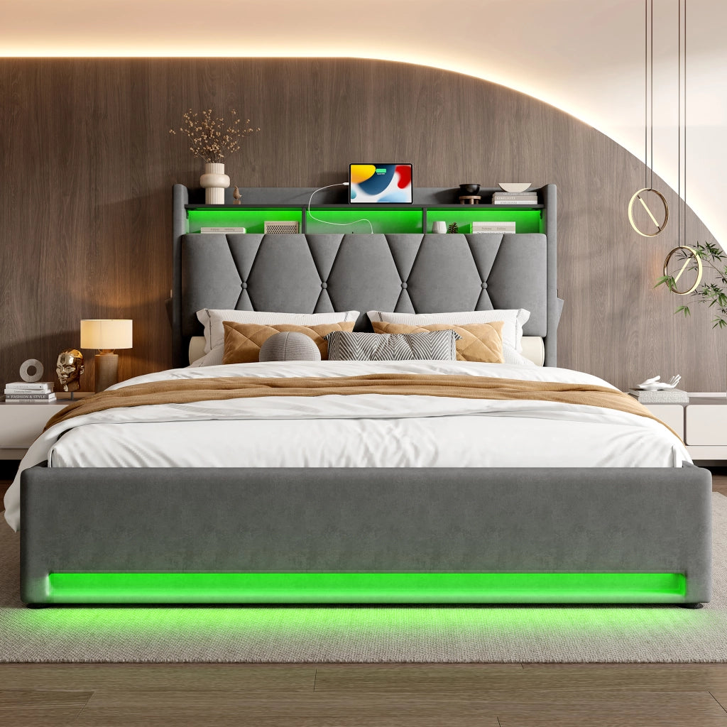 Letto matrimoniale contenitore 140 × 200 cm con LED USB e Type-C in velluto grigio scuro con testiera