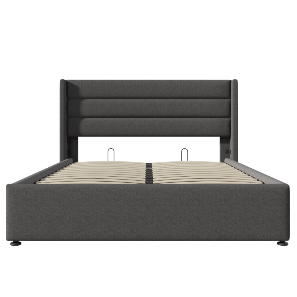 Letto contenitore imbottito 160x200 cm grigio con struttura in metallo e rete a doghe in legno