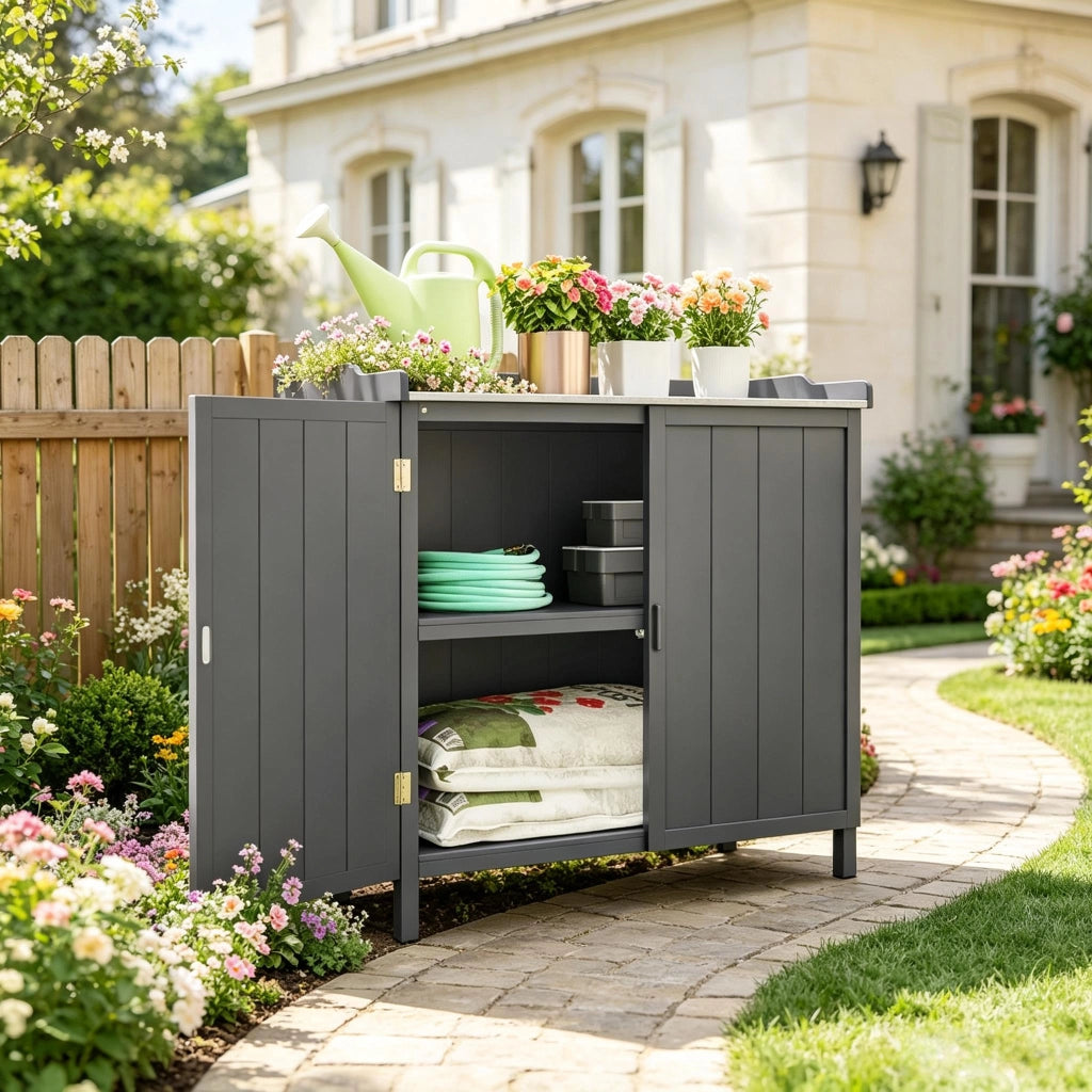 Mobile contenitore da giardino con 2 ante ripiano e piano di lavoro per balcone e terrazza 98×48×95.5 cm