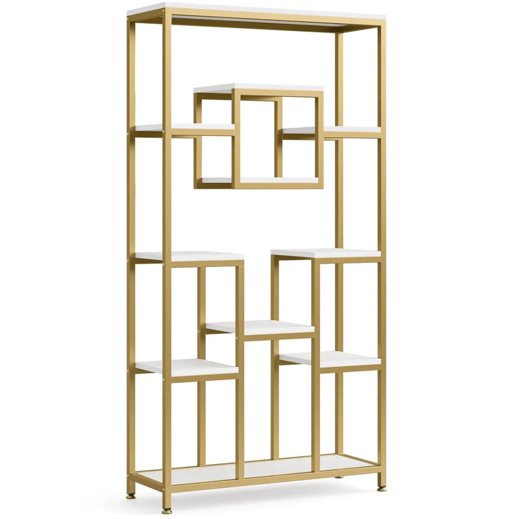 Libreria geometrica autoportante oro e bianco con 11 ripiani