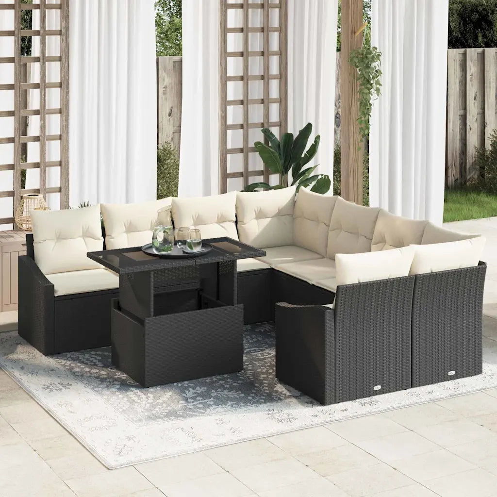 Set Divano da Giardino con cuscino 9 pcs Nero polyrattan