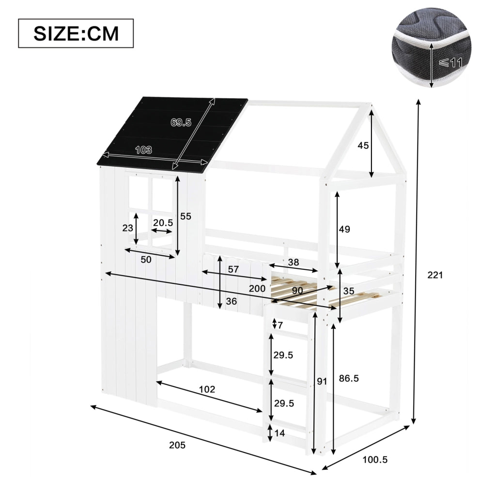 Letto a soppalco per bambini con forma casa e scala a 3 gradini