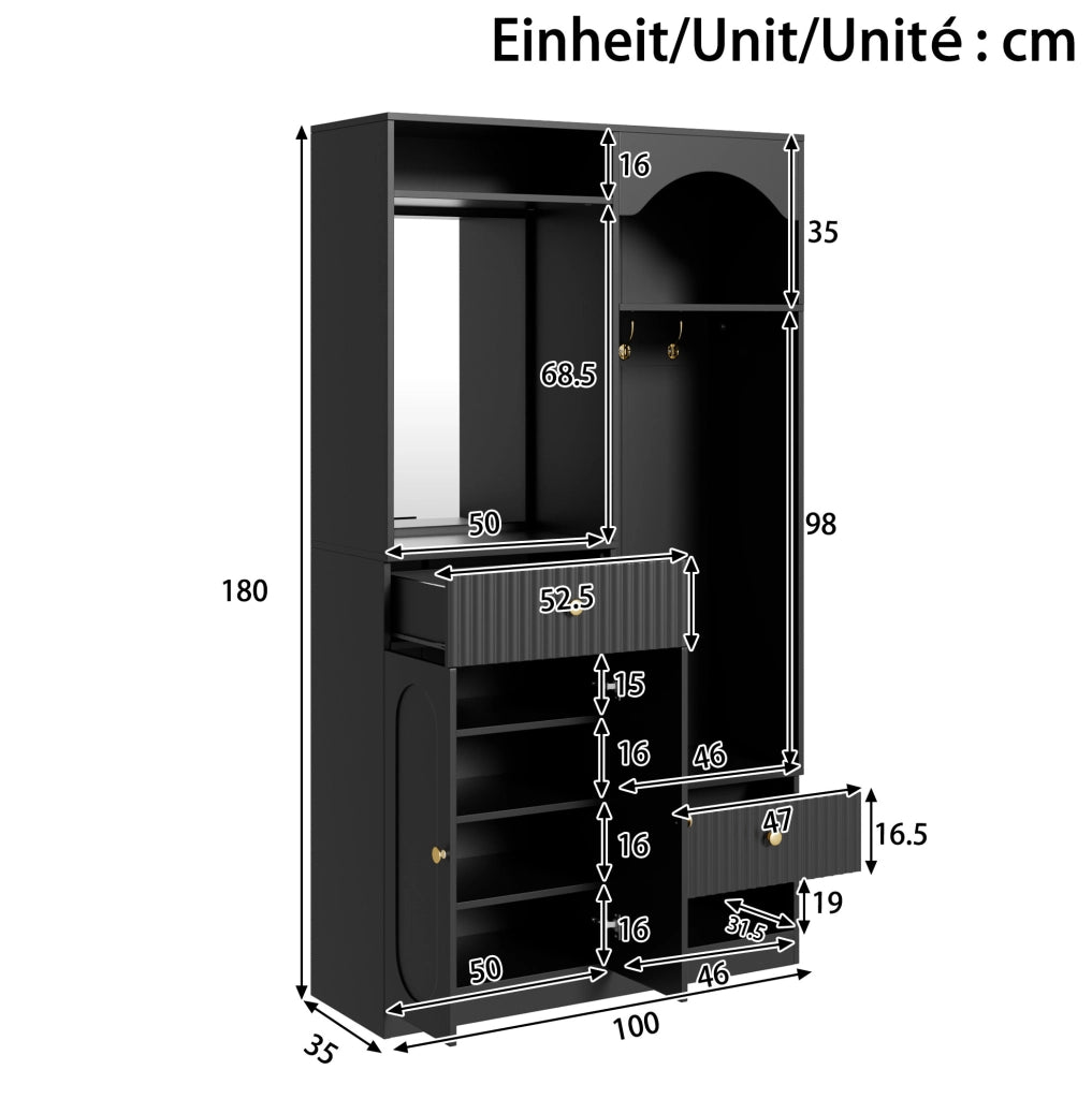 Mobile ingresso multifunzione 100x35x180 cm con specchio; panca e LED nero HOMVRA