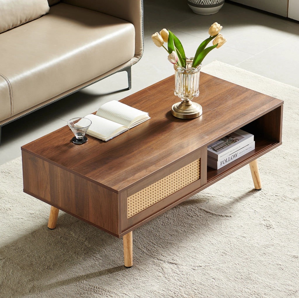 Tavolino da caffè in MDF con anta scorrevole in rattan; 105 x 55 x 40 cm; marrone