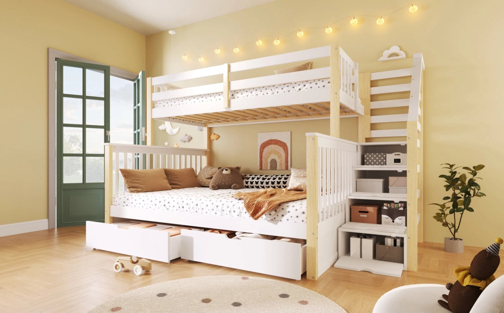 Letto a castello in pino massello 90x200/140x200 con cassetti e spazio salvaspazio, bianco e naturale, senza materasso