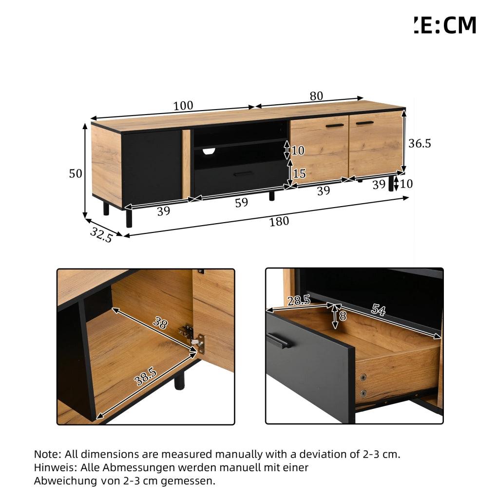 Mobile TV 180x32;5x50 cm con 3 ante e cassetto nero effetto legno HOMVRA