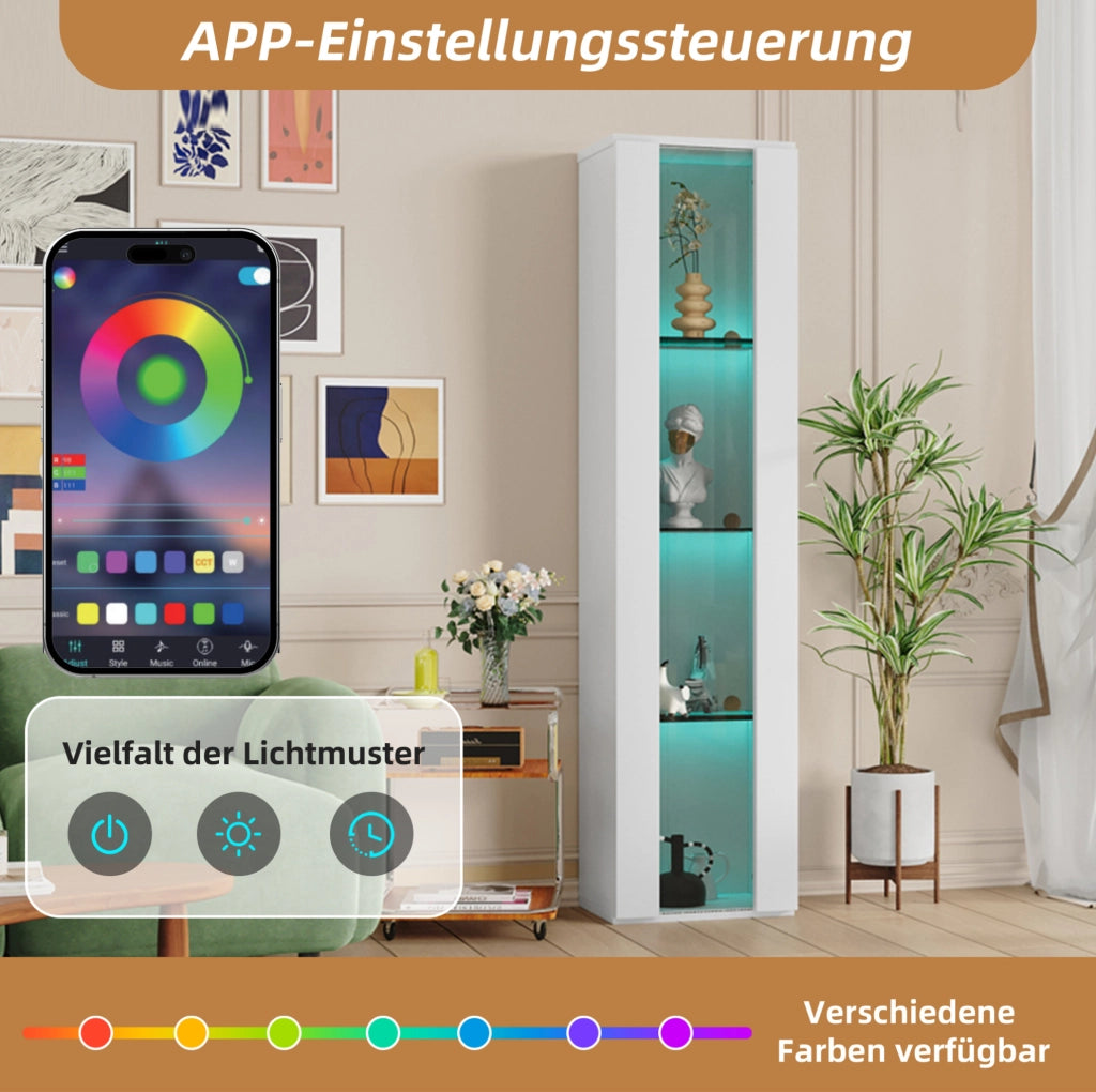 Vetrina 40x29x170 cm a 4 ripiani con LED multicolore controllato via app; bianca