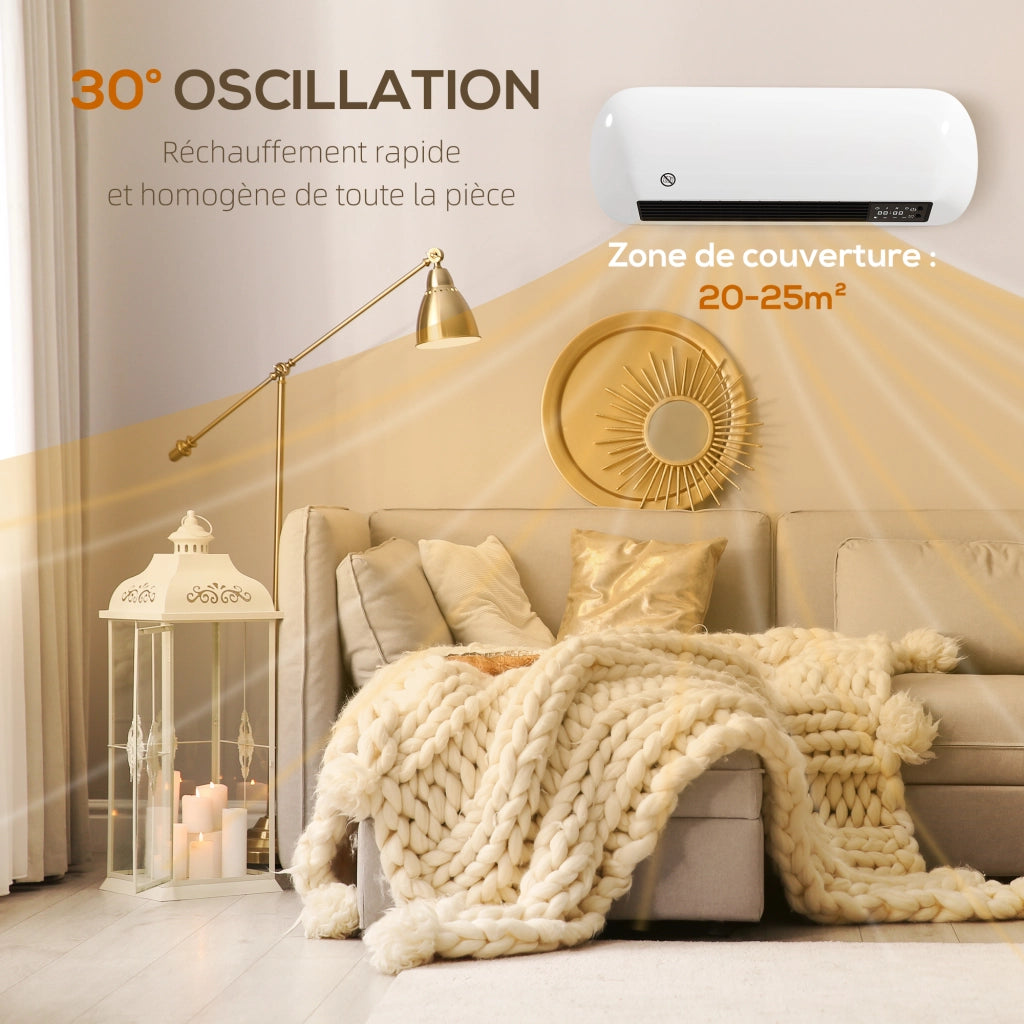 Termoventilatore Murale in Ceramica 1000/2000W con Termostato Timer e Telecomando 50x19x14cm Bianco