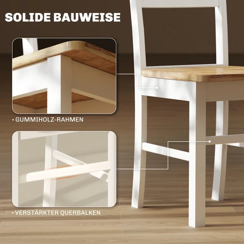 Set da 2 Sedie da Cucina in Legno di Caucciù con Schienale a Doghe Curvo, Bianco