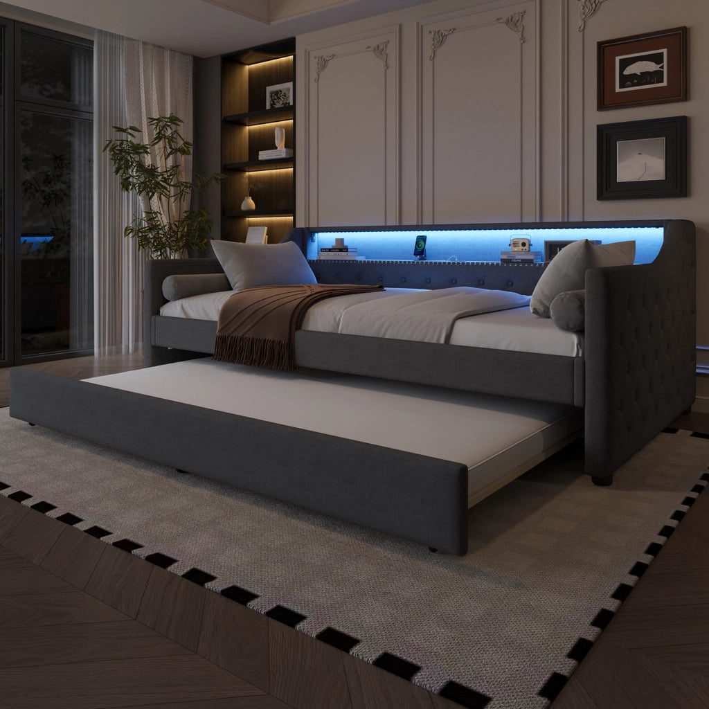 Letto con letto estraibile 90 × 200 cm con LED controllabile via app; USB; rete a doghe; lino e MDF grigio
