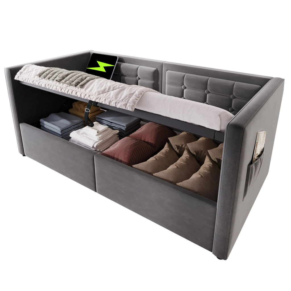 Divano letto imbottito 90x190 cm in velluto grigio con contenitore; USB e Type-C