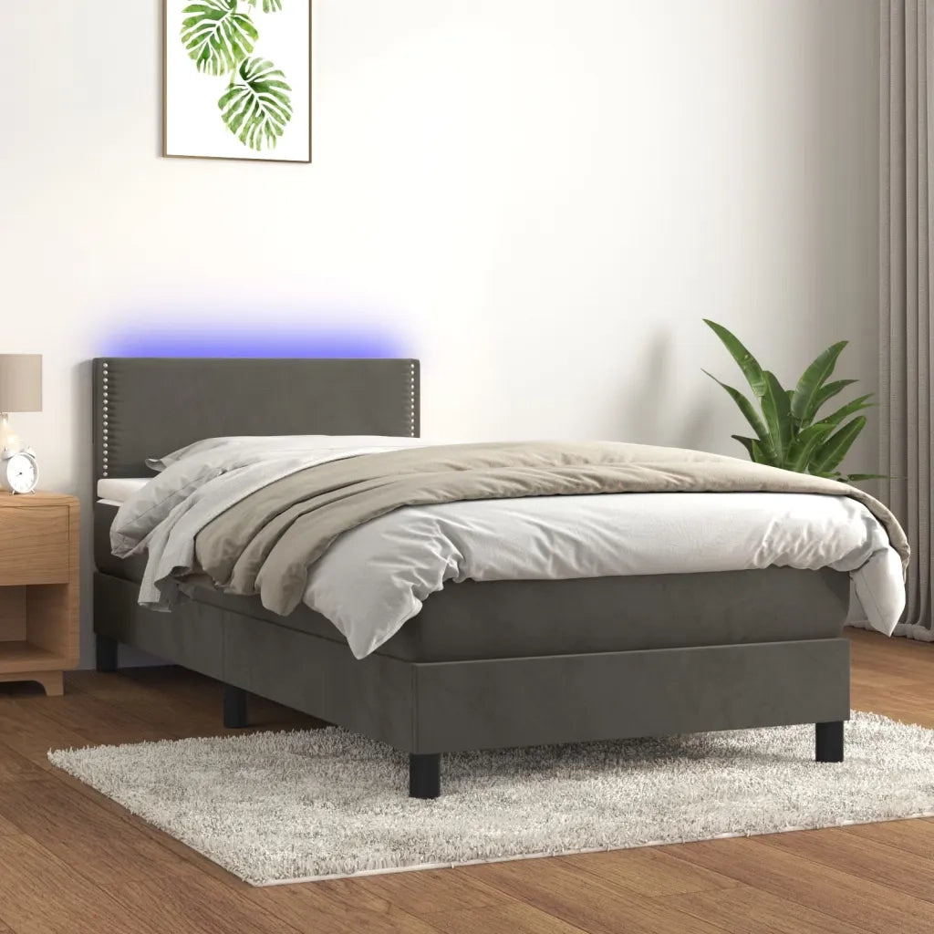 Letto a Molle con Materasso e LED-Struttura Letto con Materasso Grigio Scuro 90x190cm Velluto 125968