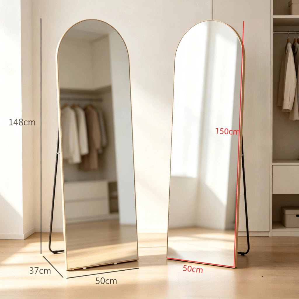Specchio a figura intera ULEVR 50x150 cm ad arco, da terra o parete, vetro e MDF, oro