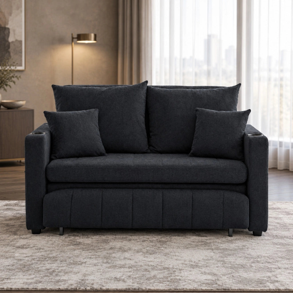 Divano letto convertibile in ciniglia con tasca laterale e quattro cuscini nero 139 × 83 × 58 cm