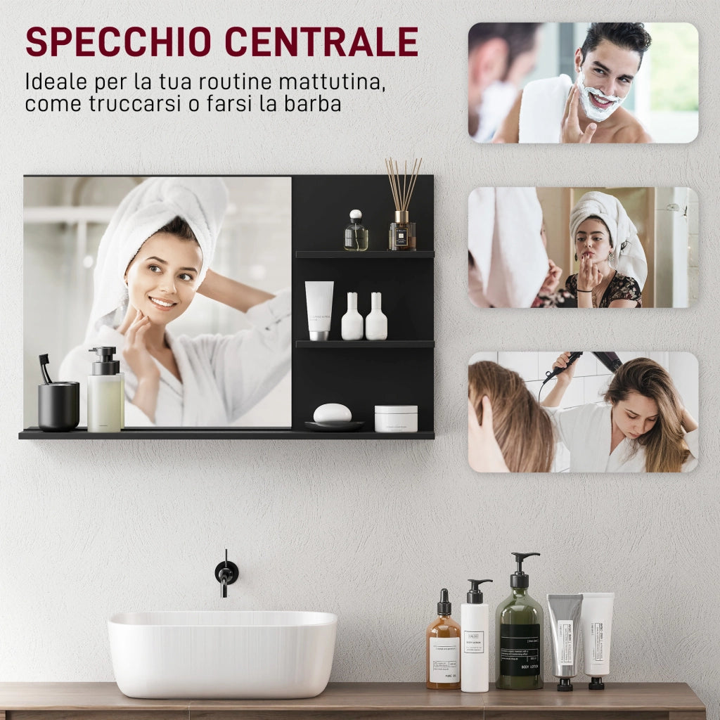 Specchio Bagno con Ripiani Laterali e Inferiore ¨C zephmum ¨C Legno Vetro Nero 75x10x48 cm