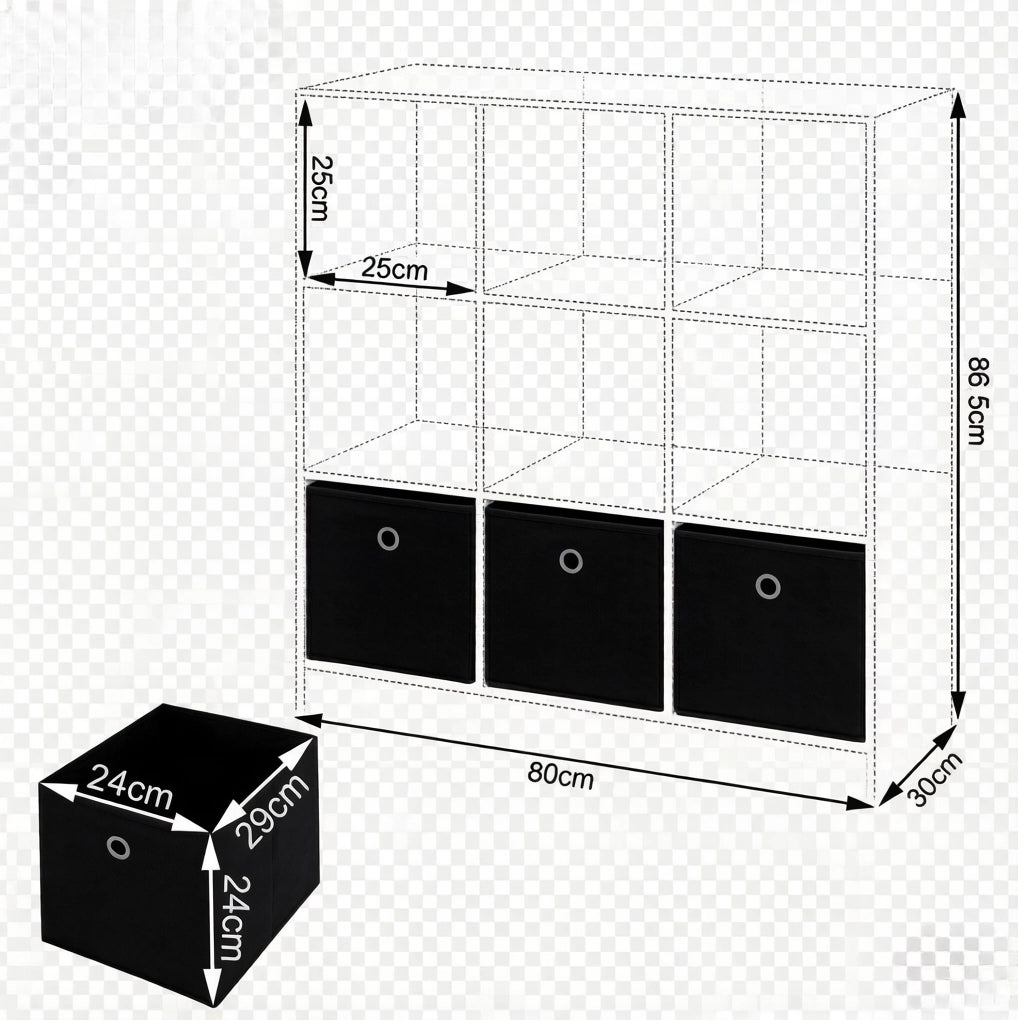 Libreria a cubi bianca e nera con 3 cassetti in tessuto, 80x86,5x30 cm, mensola indipendente per soggiorno e cucina