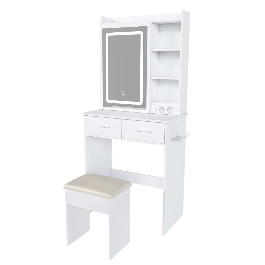 Toeletta con specchio LED regolabile; prese e USB; 2 cassetti e sgabello imbottito; MDF bianco