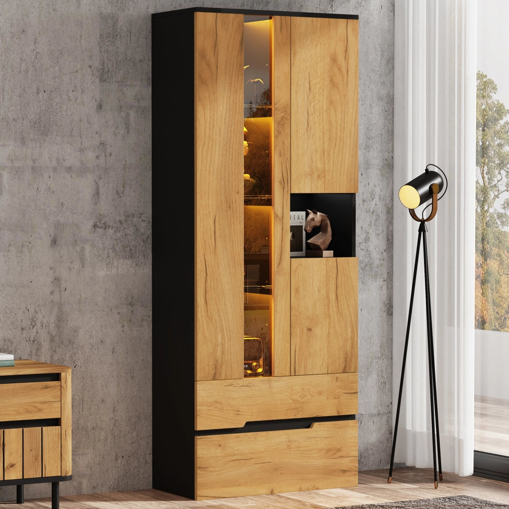 Vetrina con LED, 3 ante, 2 cassetti e vano aperto, per soggiorno, in MDF e vetro, naturale e nero, 70 × 35 × 180 cm