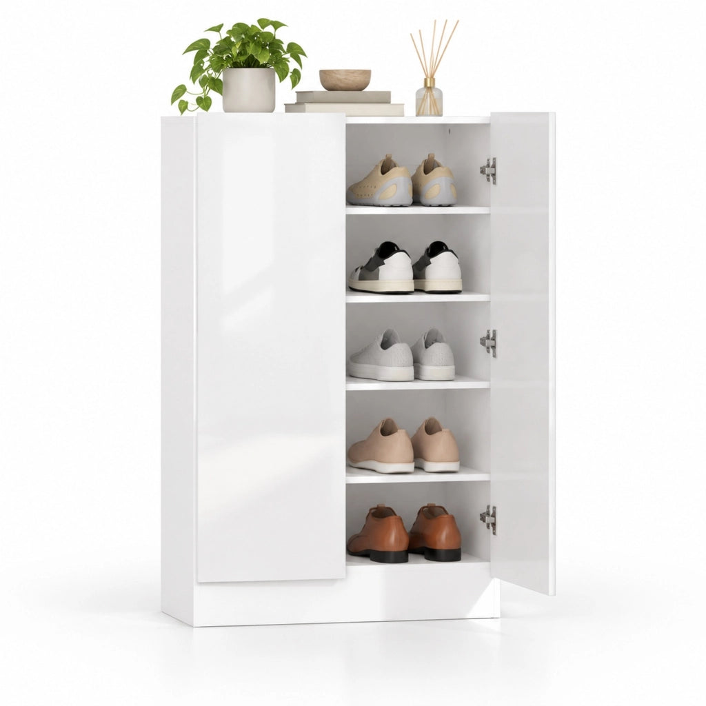 Scarpiera a 5 livelli con ripiani regolabili e ante a chiusura ammortizzata in legno bianco 72 × 34.5 × 103 cm