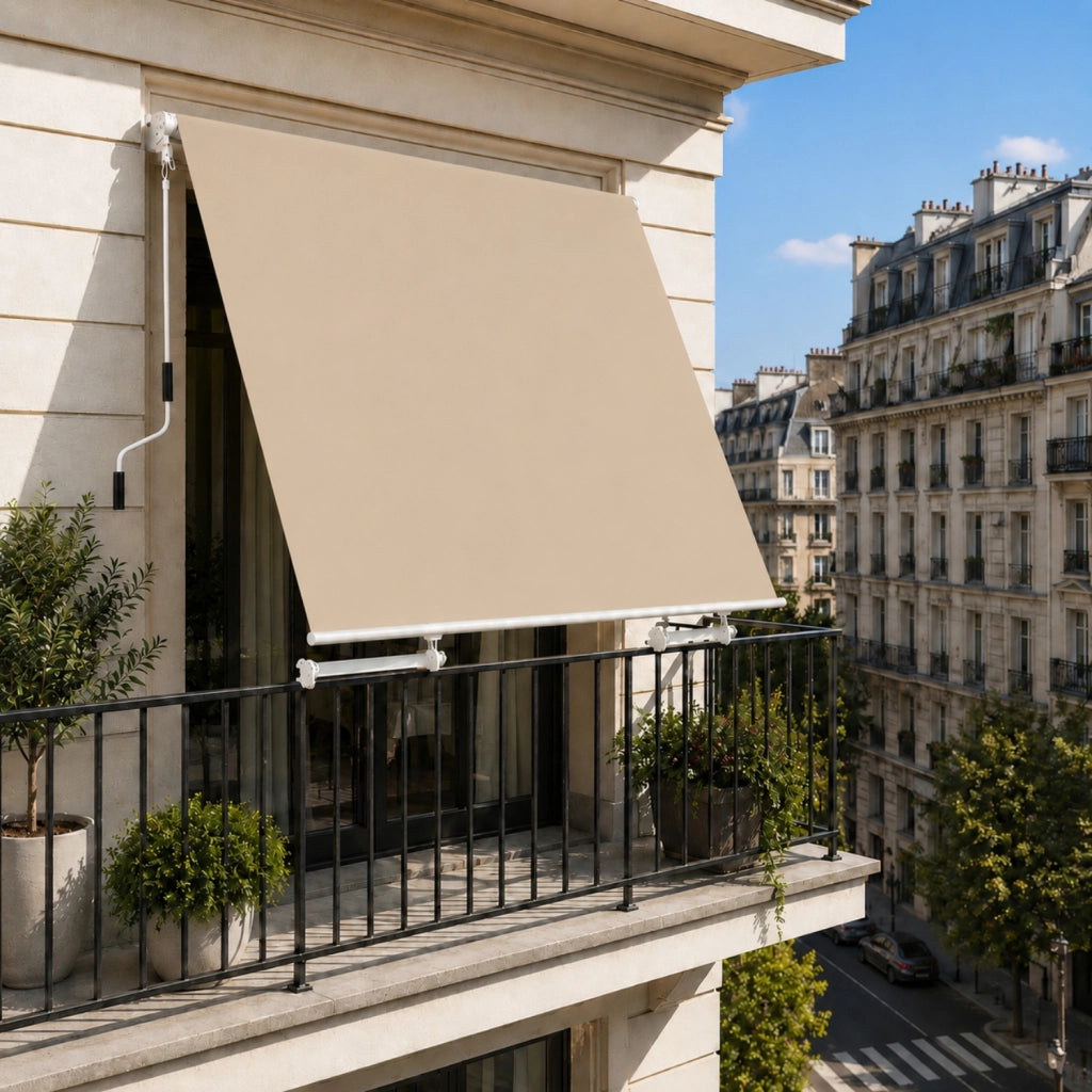 Tenda Parasole Avvolgibile Con Argano Manuale Telaio In Alluminio Copertura In Poliestere 280G Schermo UV Riparo Visivo Per Balcone Terrazzo Portico E Ambienti Esterni 250x250x50 Cm Beige