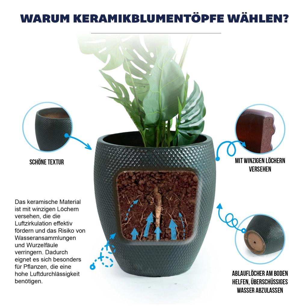Vaso da fiori in ceramica Ø 46 cm alto 53 cm con rilievo a rombi verde scuro lucido per giardino e terrazza