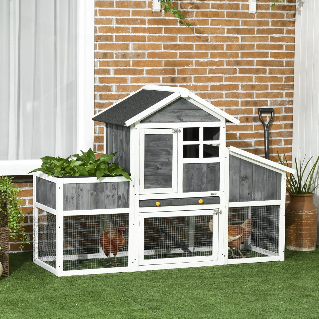 EasyComfort Pollaio Prefabbricato in Legno con Area Aperta, Casetta e Nido, 161.5x62.5x115cm, Grigio