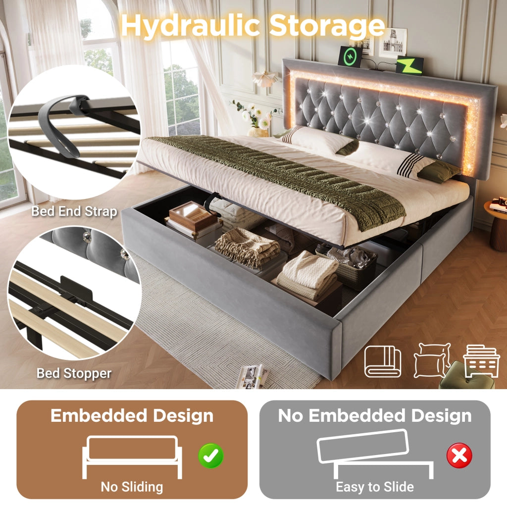 Letto matrimoniale con contenitore 140 × 200 cm imbottito in velluto grigio con LED USB e Type-C