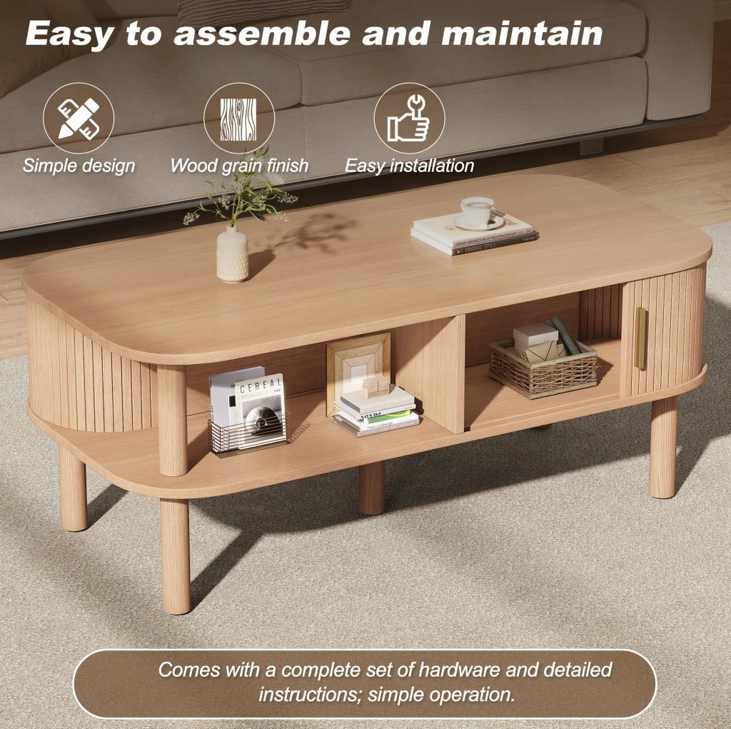 Tavolino da caffè 110x55x45 cm in MDF con anta scorrevole e vani; naturale