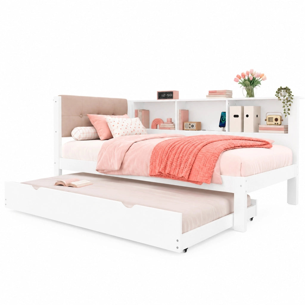 Letto singolo 90 × 200 cm con letto estraibile legno bianco ripiani laterali USB e luce LED dimmerabile