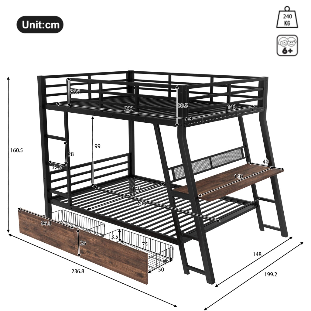 Letto a soppalco 140x200 cm in metallo nero con scrivania; cassetti e LED