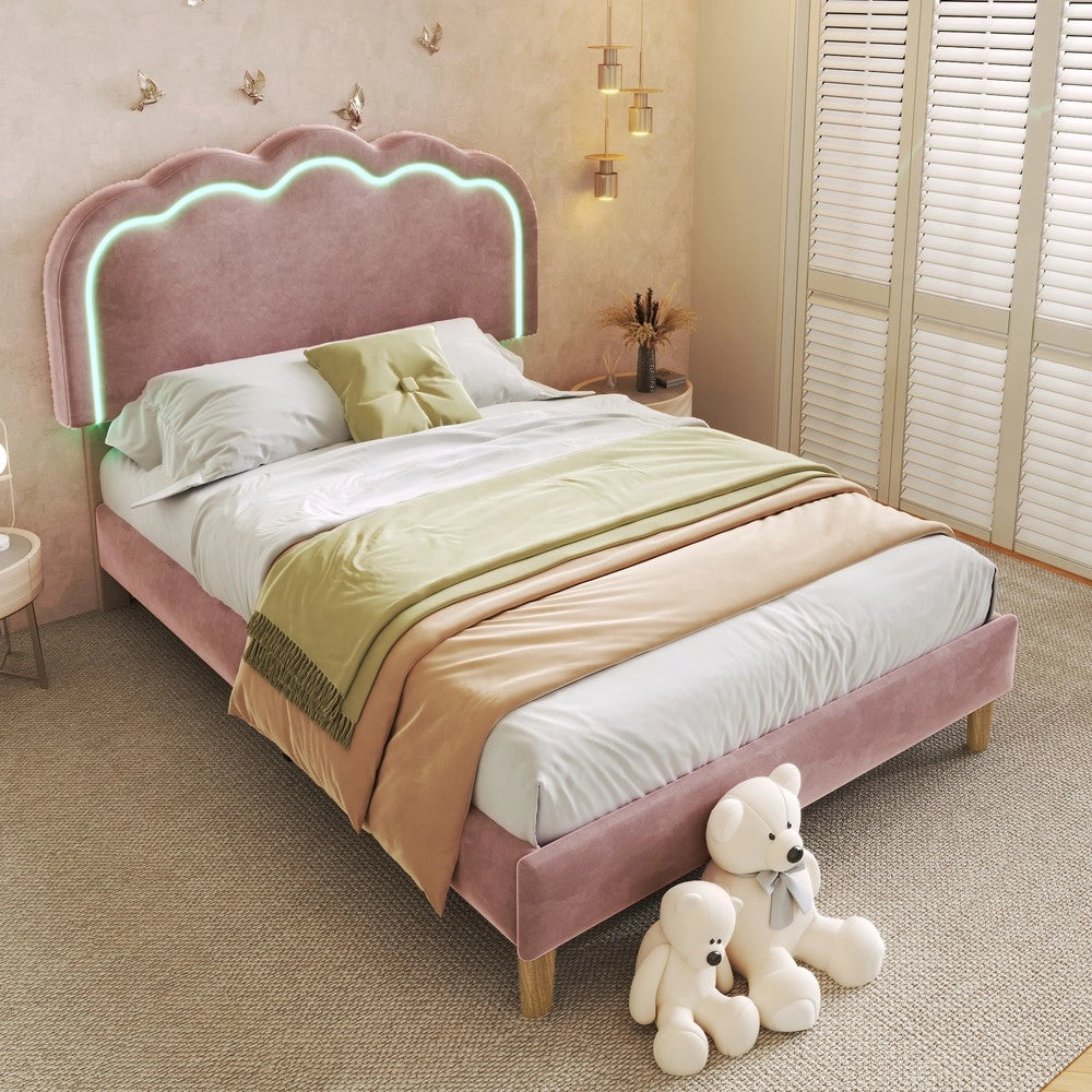 Letto Singolo Imbottito con Testiera Regolabile e Doghe ¨C MINIMAL ¨C Rosa Velluto 90x190cm