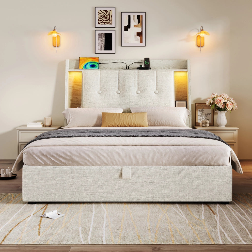 Letto per bambini 90x200 cm con LED; USB e Type-C; testiera con vani e scomparto ribaltabile; lino beige
