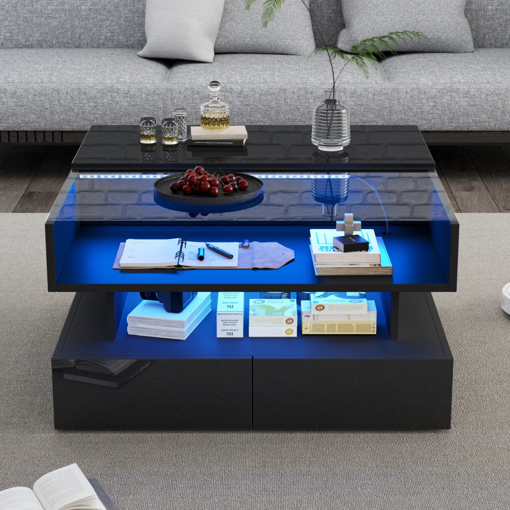 Tavolino da salotto elevabile 80 x 80 x 45 cm nero in truciolare e vetro temperato con 2 cassetti e LED