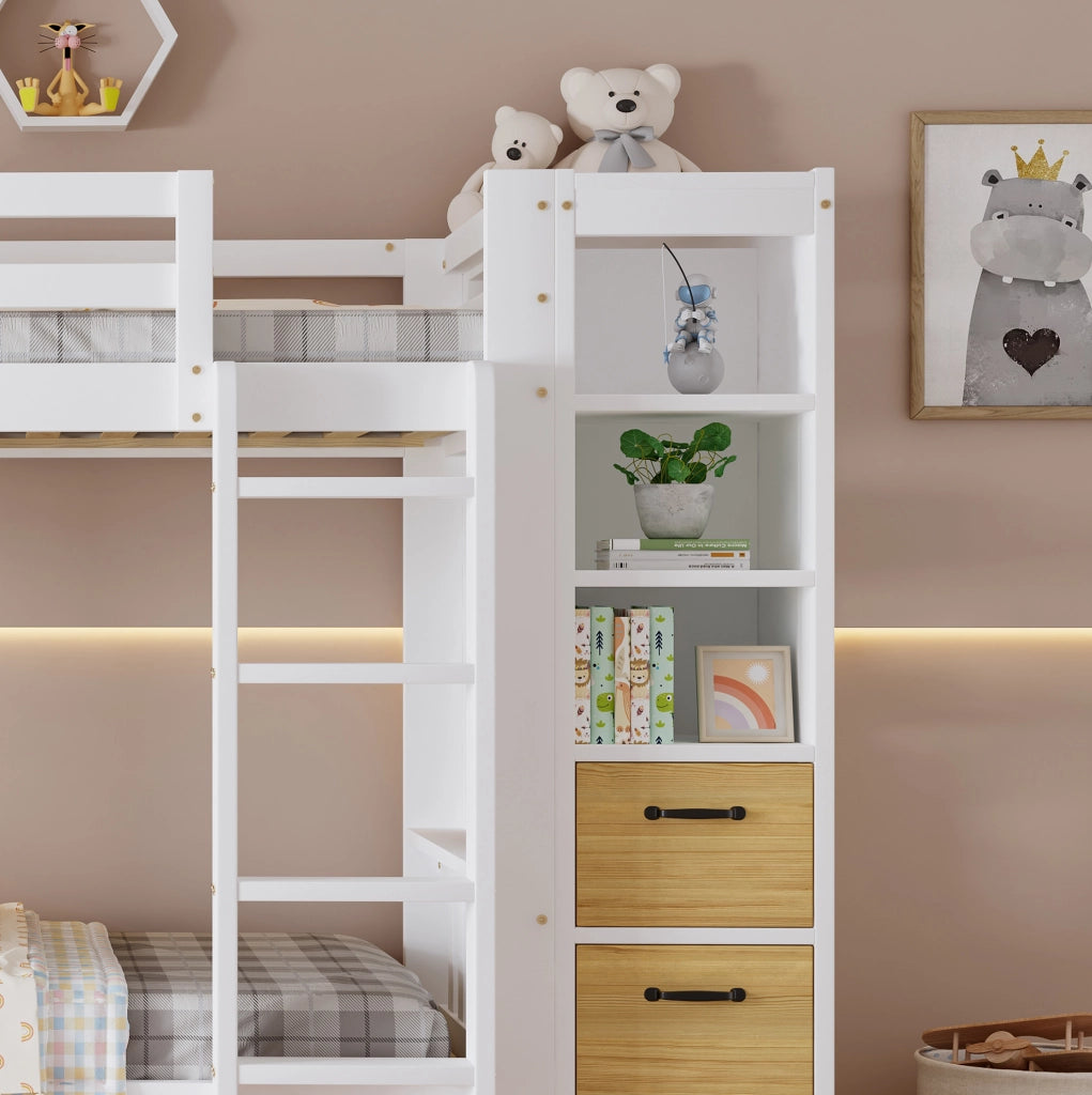 Letto a castello 90x200 cm in legno massello e MDF con cassetti e scaffale laterale; bianco e naturale