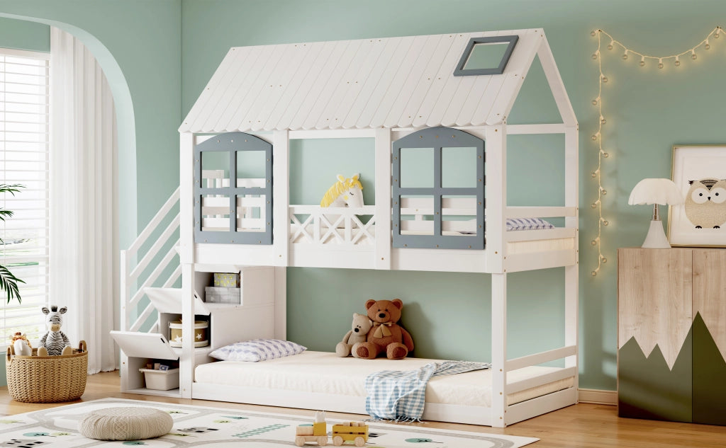Letto a castello per bambini 90x200 cm in pino e MDF; a casetta con tetto; finestre e scala contenitore; bianco e grigio