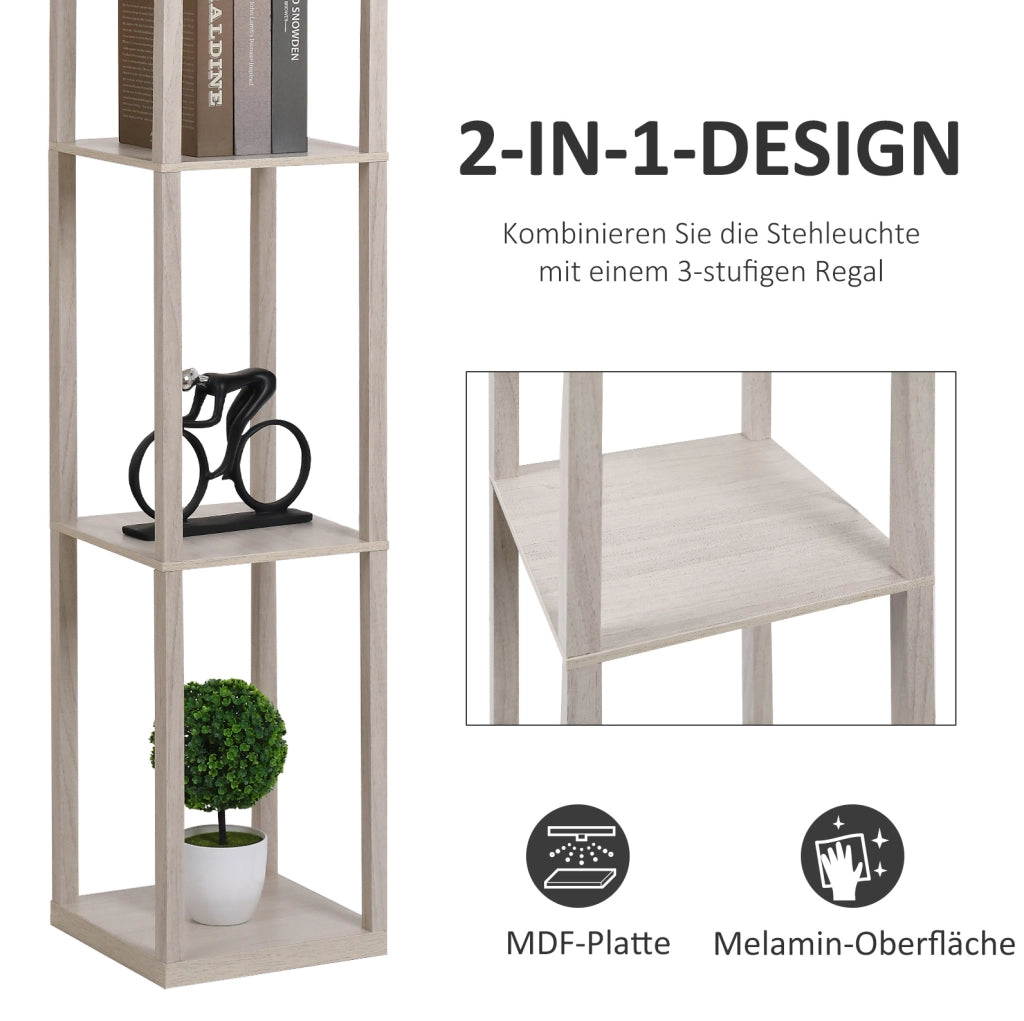 Lampada da Terra con 3 Ripiani in MDF E1 e Acrilico, 26x26x160 cm, Portalampada E27, Colore Quercia e Bianco