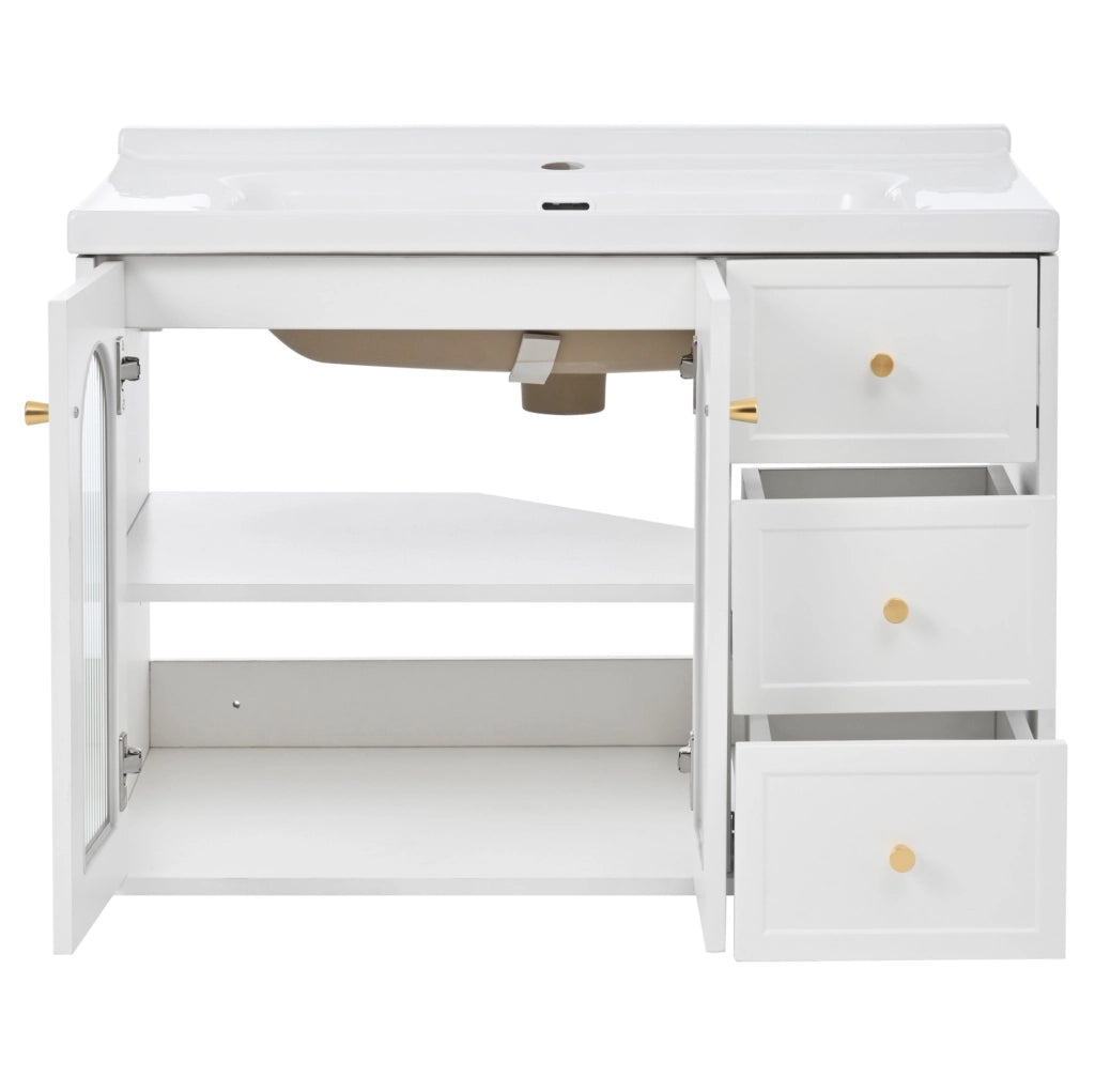 Mobile bagno sospeso bianco con lavabo in ceramica e 2 cassetti