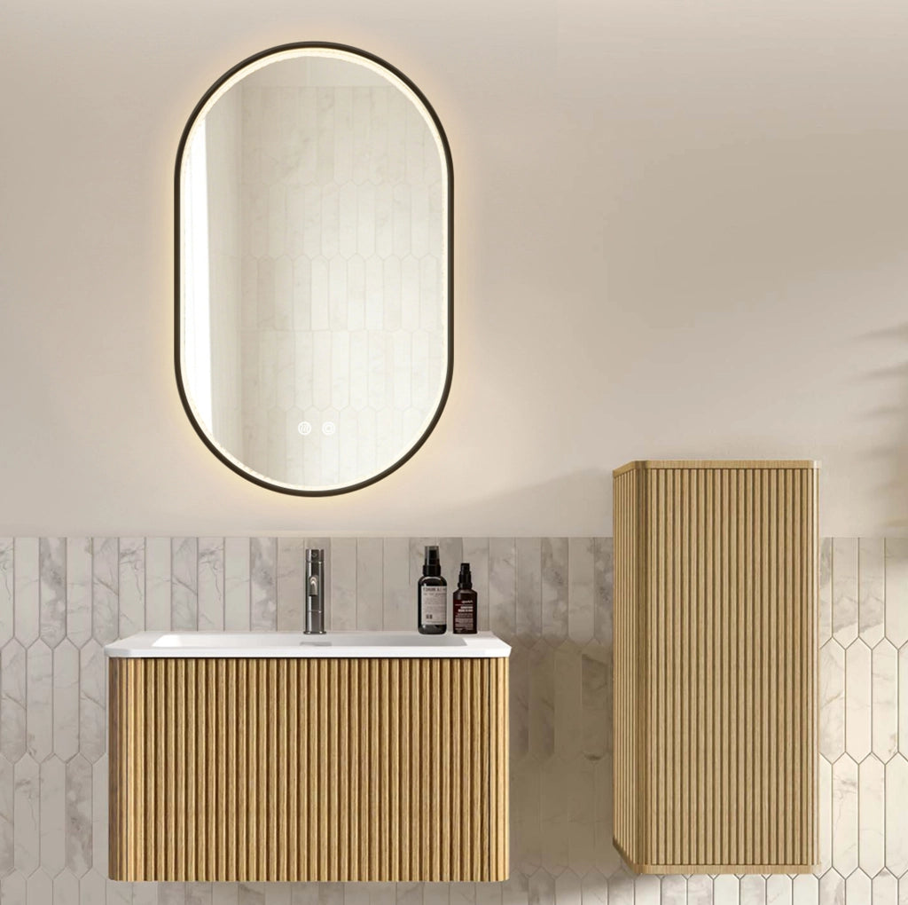 MOBILE BAGNO Set con lavabo, specchio LED e colonna color rovere