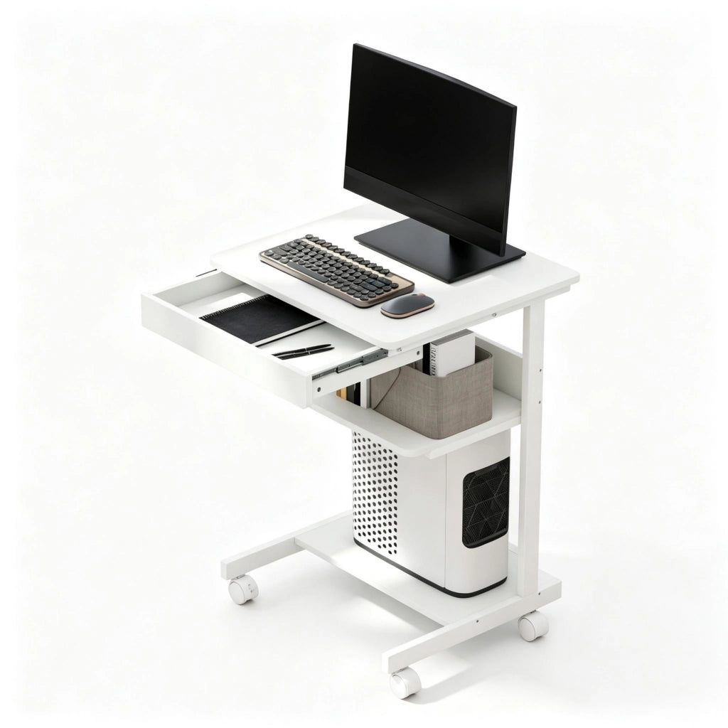 Scrivania per computer con ruote, scrivania 56 x 51 cm con stoccaggio, cassetto, scomparto e supporto CPU per ufficio e home office (solo scrivania per computer)