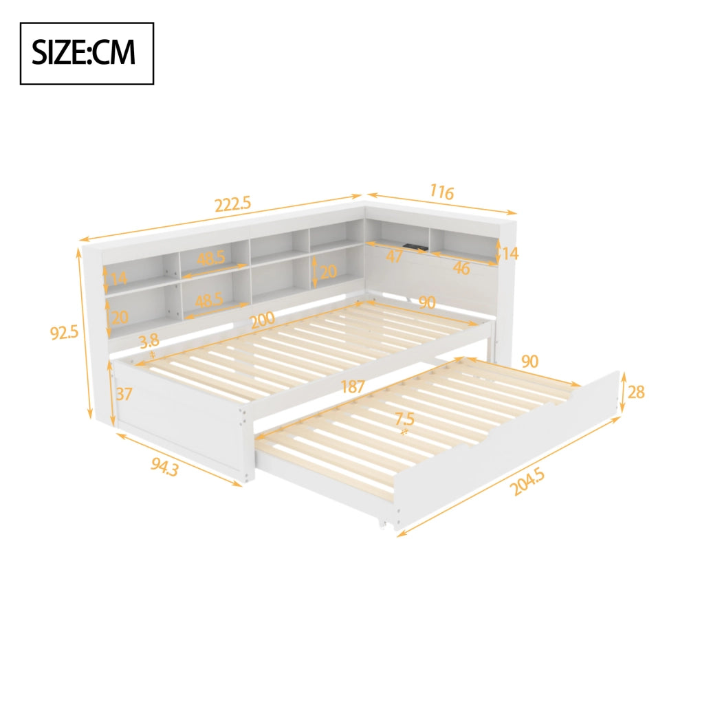 Letto singolo 90x200 cm con letto estraibile 90x190; USB e vani; bianco