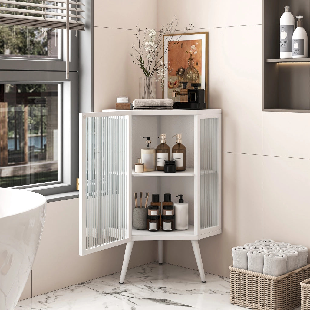 Armadio angolare da terra 80 cm, bianco, 2 livelli con ante in vetro temperato e ripiani, per bagno, soggiorno e camera