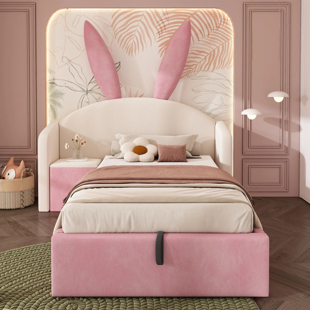 Letto contenitore 90 × 200 cm con comodino reversibile testiera imbottita in velluto beige e rosa