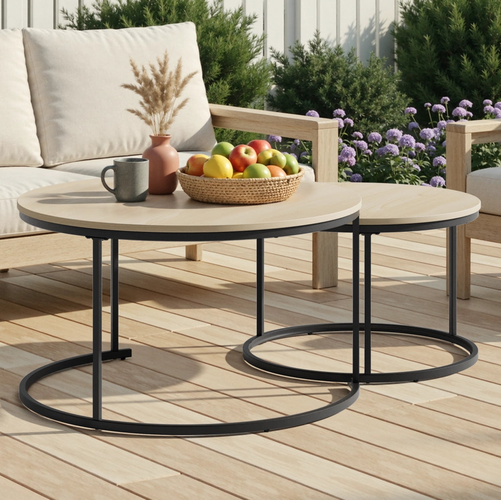 Set 2 tavolini da caffè rotondi impilabili ?80/60 cm; truciolare e ferro; colore rovere