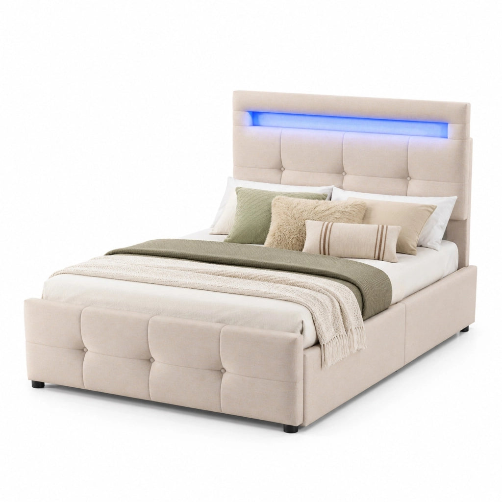 Letto singolo imbottito con LED; 2 cassetti e rete a doghe; beige