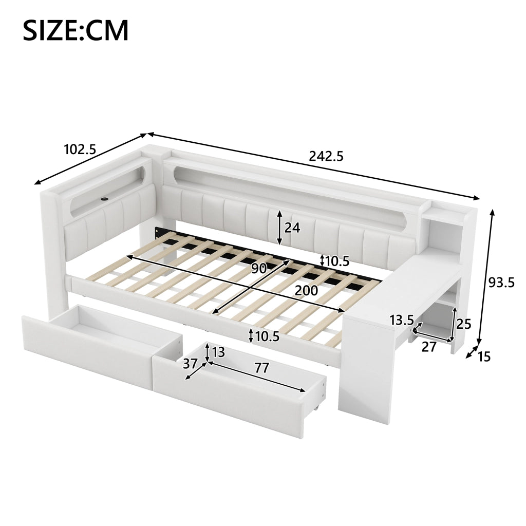 Daybed Imbottito 90x200 cm con LED; USB; Scrivania; Bianco